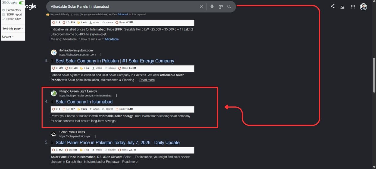 Client ranking on page one of Google organic results for affordable solar panels in Islamabad
