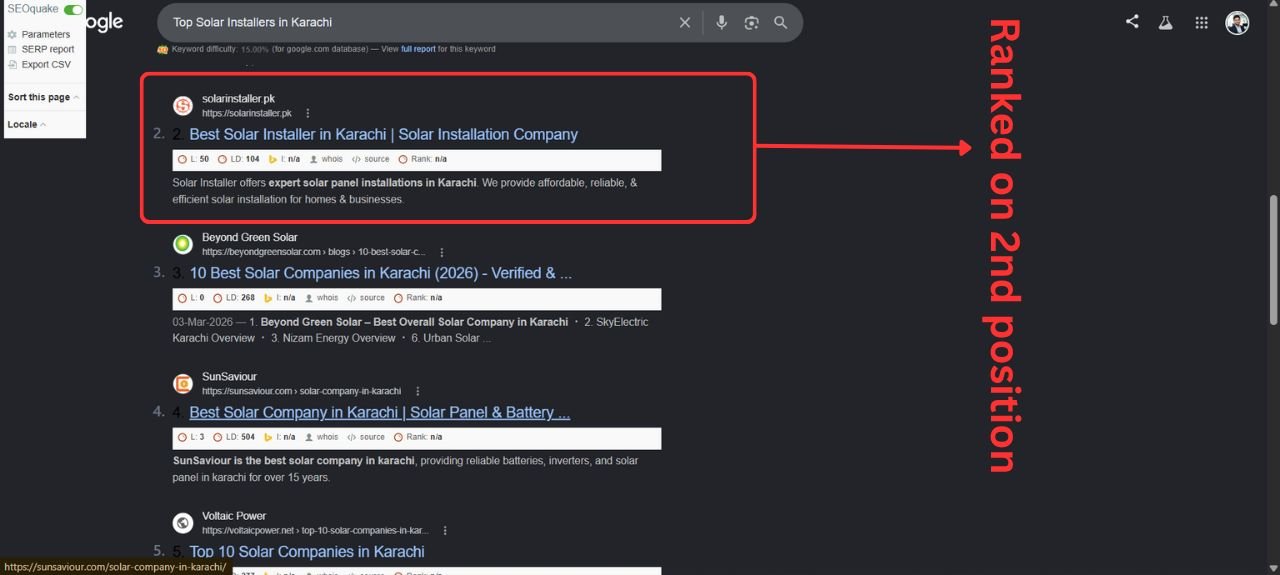 Client ranking at position 2 on Google for top solar installers in Karachi
