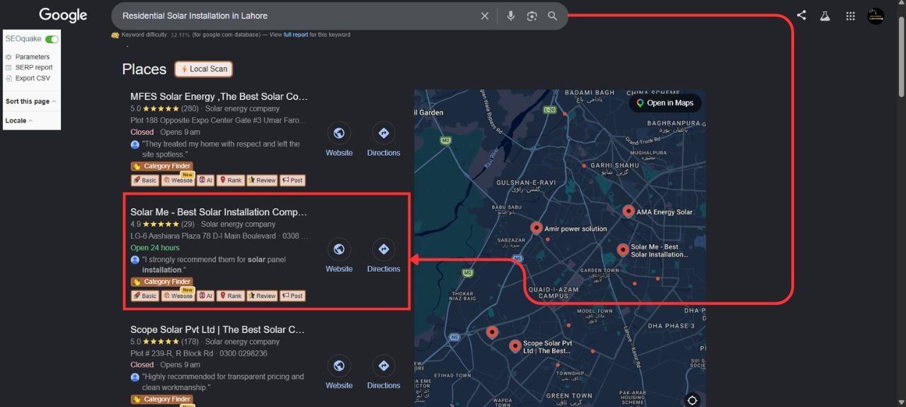 Client placed in the Google Map Pack for residential solar installation in Lahore