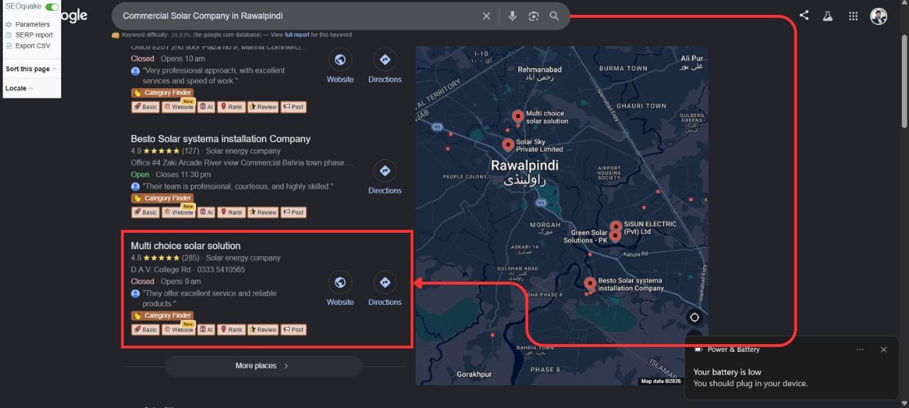 Client placed in the Google Map Pack for commercial solar company in Rawalpindi